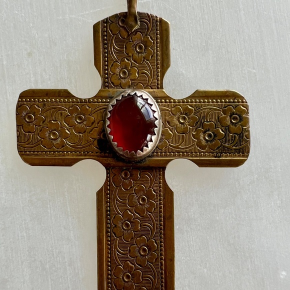 Vintage Handmade Brass Cross Pendant Signed Eddie Martinez 1993 Glass & Bezel - Picture 8 of 13